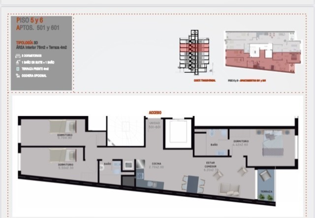 Apartamento de 3 dormitorios con terraza.  